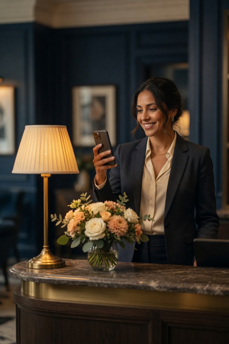 A hotel receptionist reading a message at the front desk.