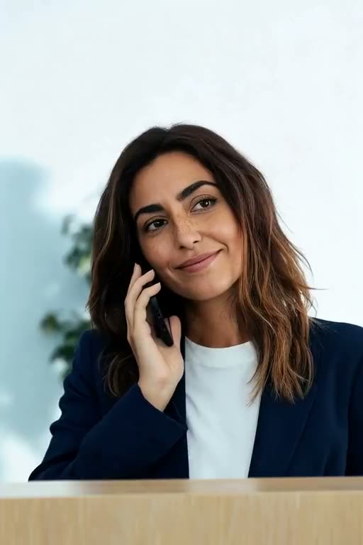 A receptionist at a front desk, listening on the phone.