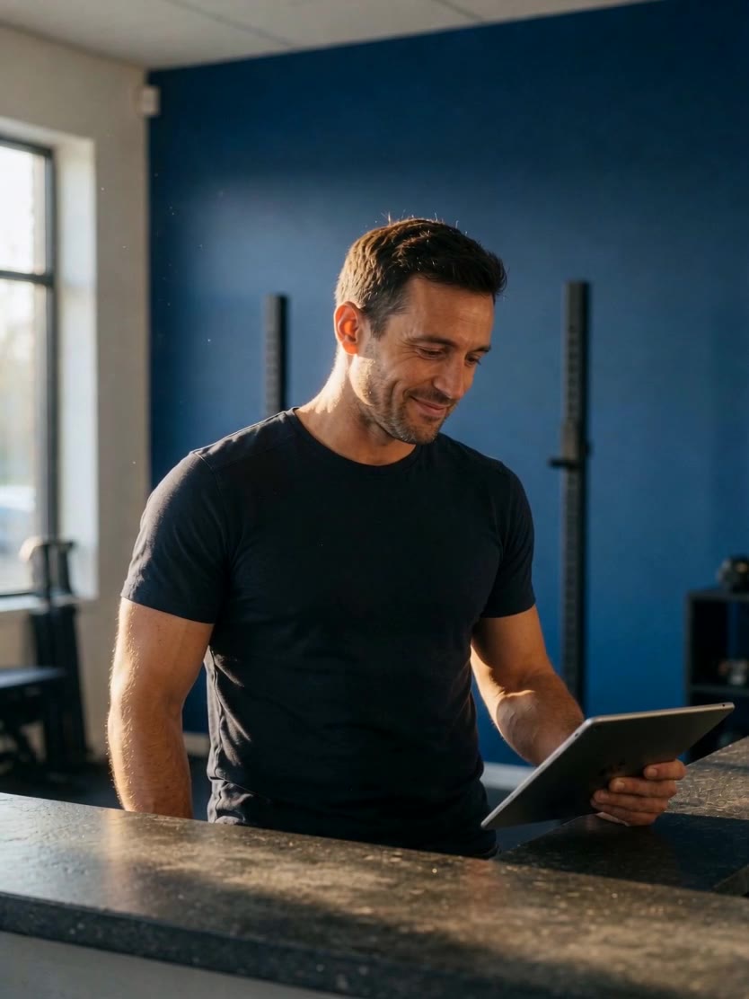A gym owner at the front counter reading the price list on a tablet.